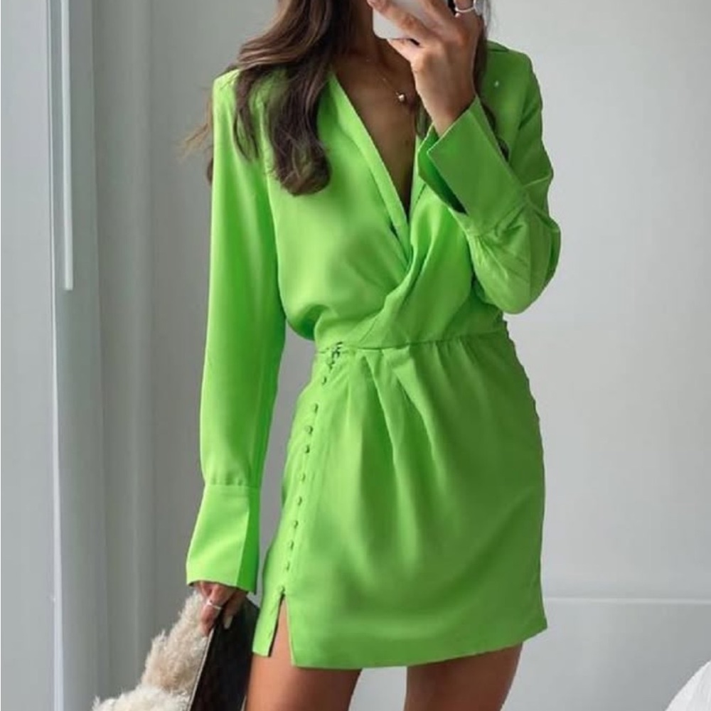 Zara Neon Green Shirt Dress with Shoulder Pads
